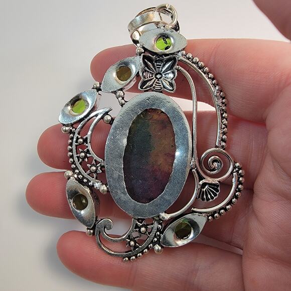 Handmade Rainbow Fluorite Pendant with Peridot in Sterling Silver Floral Setting - Picture 5 of 10